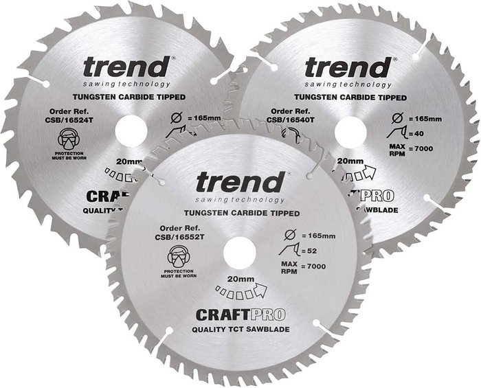 Tooled Up | Trend Trend CRAFTPRO 3 Piece 165mm Circular Saw Blade Set 165mm Assorted Teeth 20mm Trend Trend CRAFTPRO 3 Piece 165mm Circular Saw Blade Set 165mm Assorted Teeth 20mm