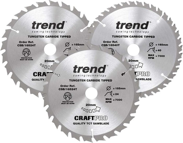 Tooled Up | Trend Trend CRAFTPRO 3 Piece 165mm Circular Saw Blade Set 165mm Assorted Teeth 20mm Trend Trend CRAFTPRO 3 Piece 165mm Circular Saw Blade Set 165mm Assorted Teeth 20mm