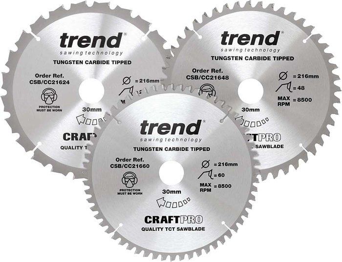 Tooled Up | Trend Trend CRAFTPRO 3 Piece 216mm Circular Saw Blade Set 216mm Assorted Teeth 30mm Trend Trend CRAFTPRO 3 Piece 216mm Circular Saw Blade Set 216mm Assorted Teeth 30mm
