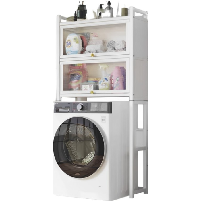 Estantería sobre lavadora con puertas. estante de almacenamiento.