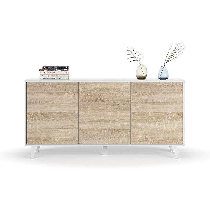 Aparador mueble auxiliar zaiken blanco brillo y roble canadian 154x75x41 cm