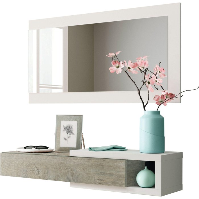 Mueble recibidor moon con espejo blanco y roble 95x26x69cm (anchoxfondoxalto)