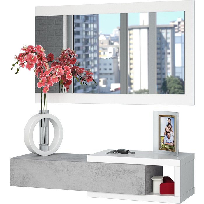 Mueble recibidor enzo con espejo blanco y cemento 95x26x19 cm (anchoxfondoxalto)