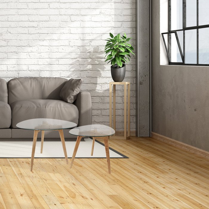 Set 2 mesas auxiliares triangular nido cristal y madera 43 cm