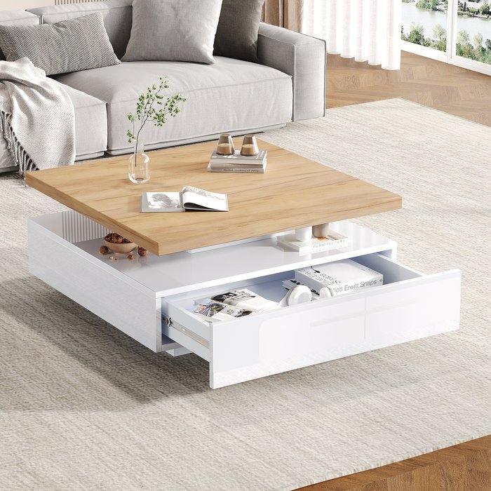 Mesa centro 70x70 cm, giratoria 360 grados, cajón, aglomerado, blanco y madera