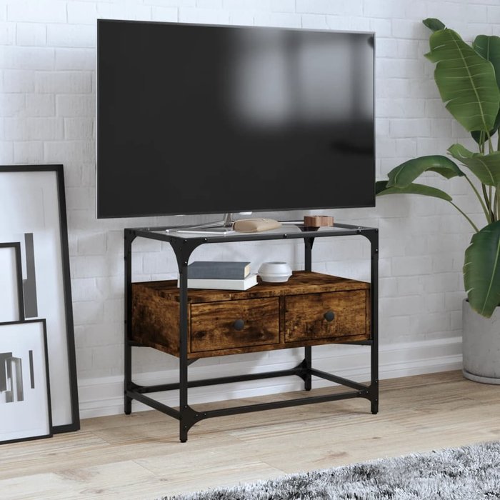 Vidaxl mueble tv cristal y madera ingeniería roble ahumado 60x35x51 cm