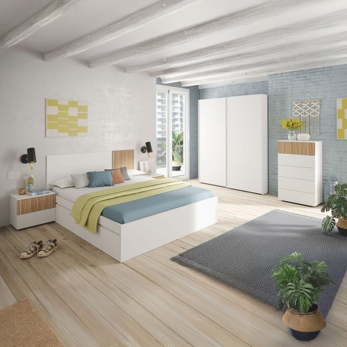 Cabecero con mesitas nitza blanco artik (blanco mate) - natur 166 x 50 x 3 cm