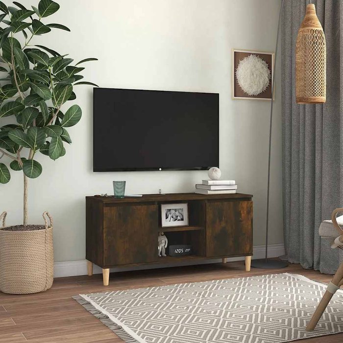 Mueble de tv con patas de madera maciza, roble ahumado, 103,5x35x50 cm