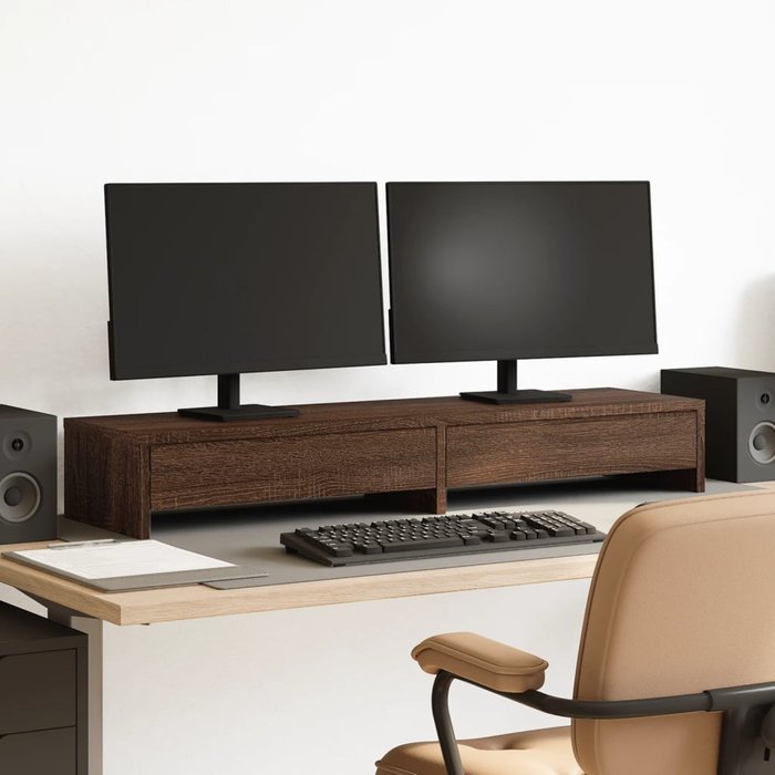 Soporte para monitor con cajones de madera contrachapada marrón roble