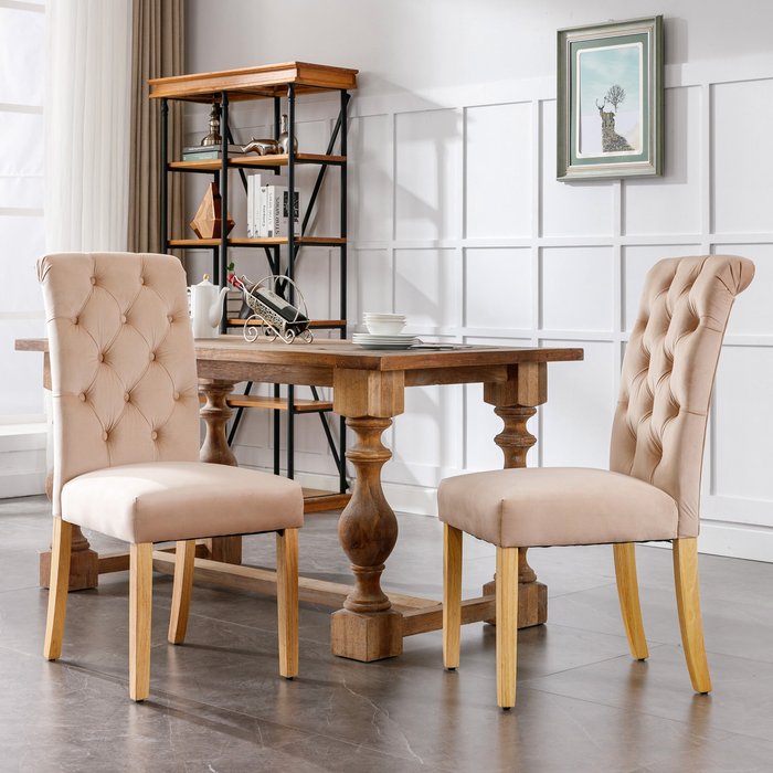 Conjunto de 2 sillas - terciopelo - patas de roble - beige