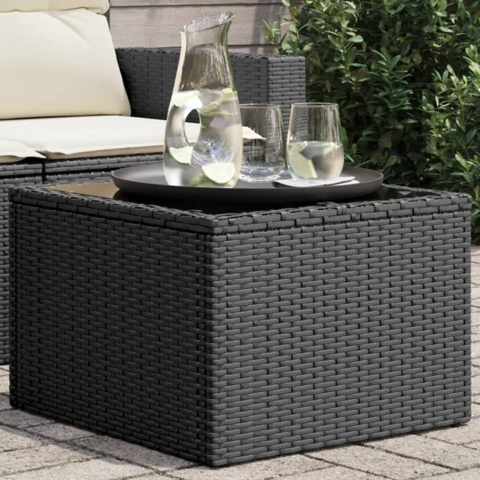 Vidaxl mesa de jardín superficie de vidrio ratán pe negro 55x55x37 cm