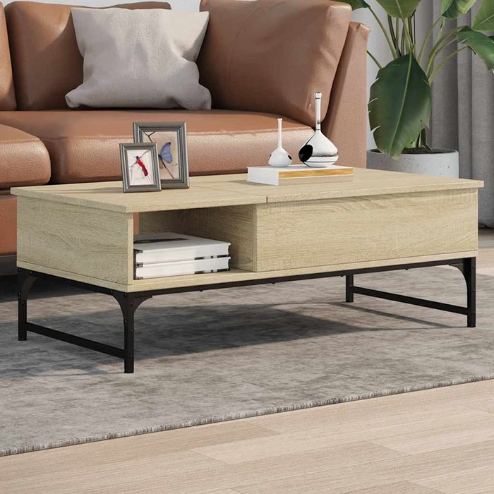 Mesa de centro madera ingeniería metal roble 100x50x35cm