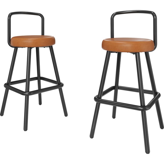 Pack 2 taburetes de bar 37x37x90 cm, diseño ergonómico, metal y pu color marrón