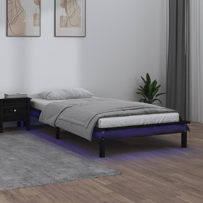 Estructura de cama led negra 75x190 cm pequeña y sencilla de madera maciza