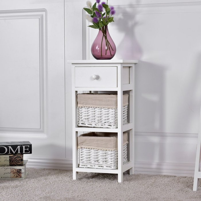 Mesa de noche moderna con 1 cajón y 2 cestos organizadores blanca 28x26x59.5cm
