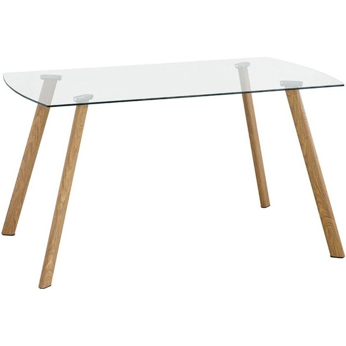 Mesa comedor de cristal reka, 140x80 cm, 4 patas metálicas imitación madera
