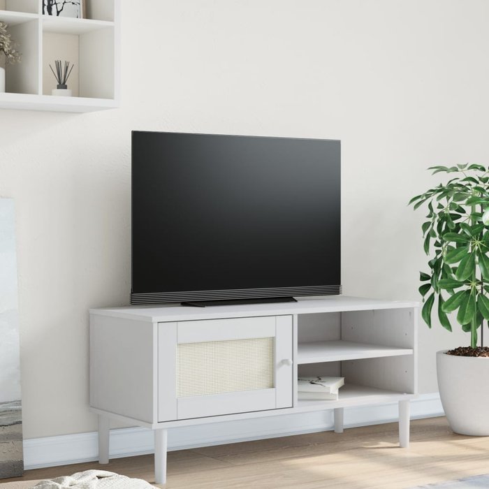 Mueble de tv senja, aspecto ratán blanco, 106x40x49cm, madera maciza de pino