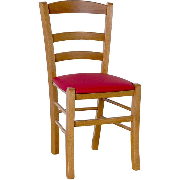 Silla campesina de madera de nogal claro con asiento acolchado rojo
