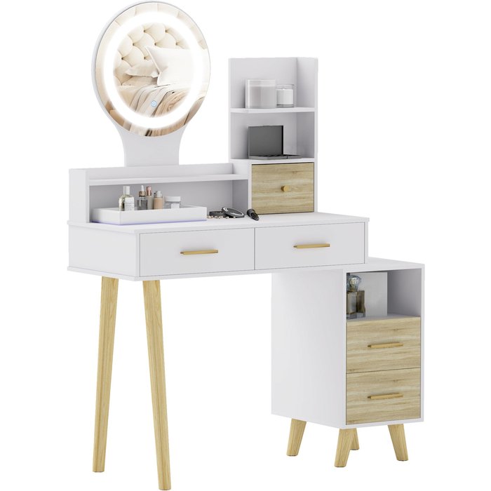 Tocador blanco con espejo led 5 cajones mesa maquillaje 100x44x137cm