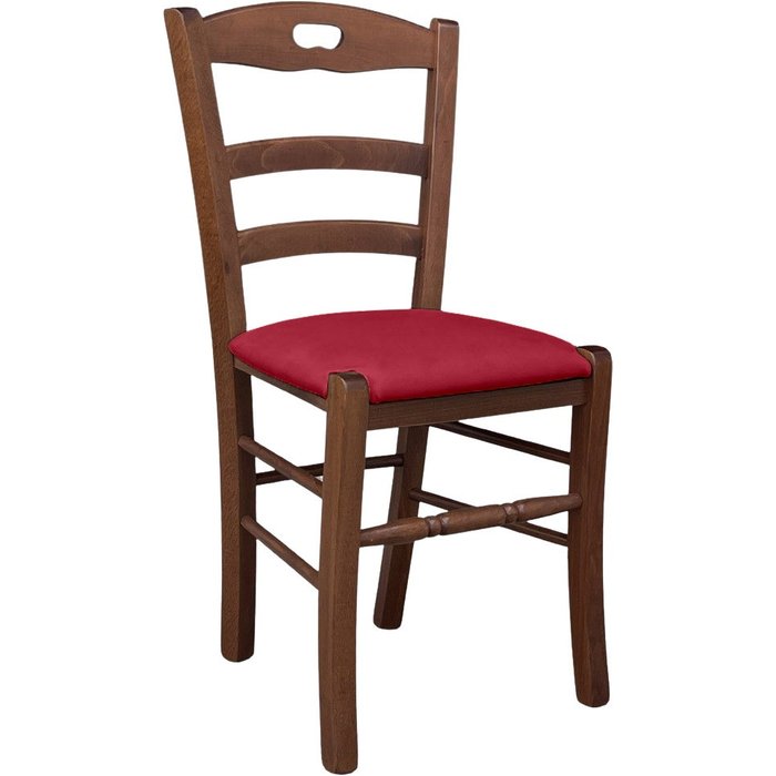 Silla loris de madera de nogal oscuro con asiento tapizado en ecopiel roja