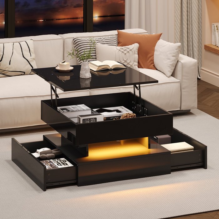 Mesa de centro elevable 65x65x38,5 cm, 2 cajones y almacenaje oculto, negro