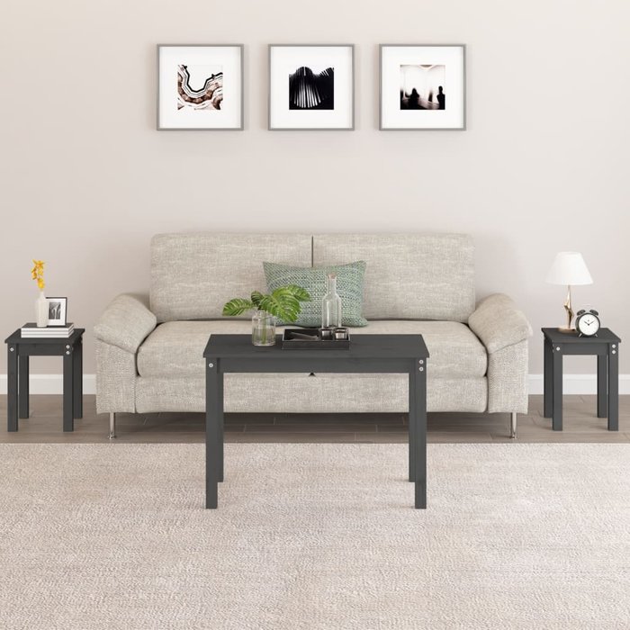Mesas nido 3 piezas gris madera maciza de pino