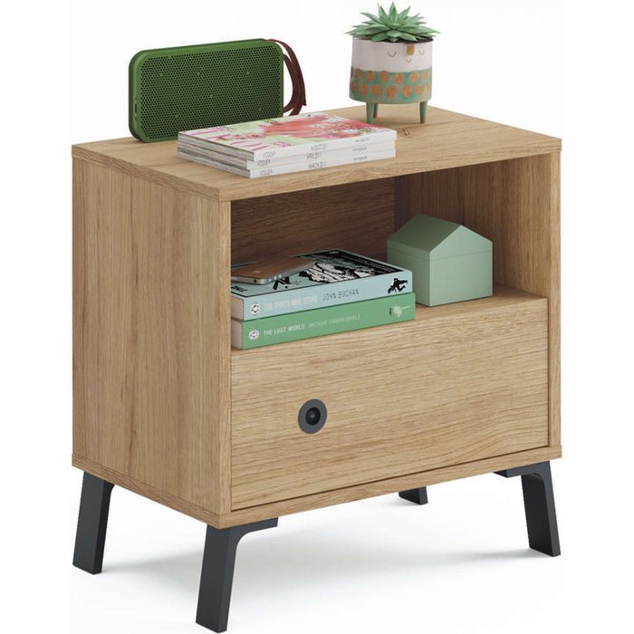 Mesita de noche clim estilo industrial en roble gold 50x35 cm para dormitorio