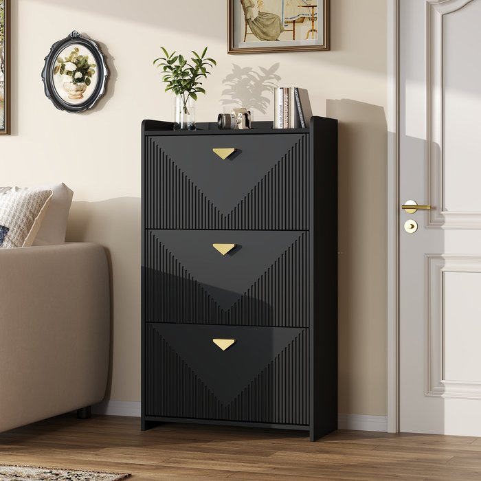 Zapatero con 3 puertas abatibles - 70 x 30 x 120 cm - mdf - negro