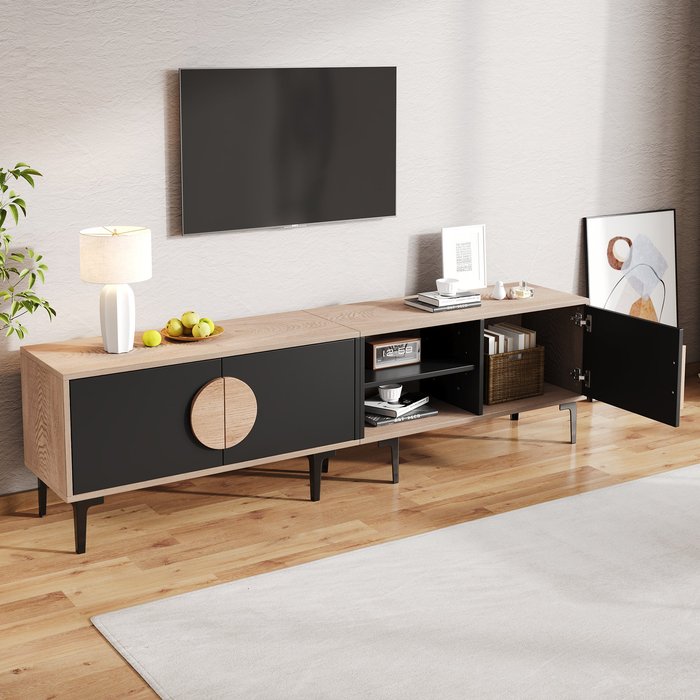Mueble de tv 180 x 35 x 49 cm con 2 estantes/armarios abiertos - negro/roble