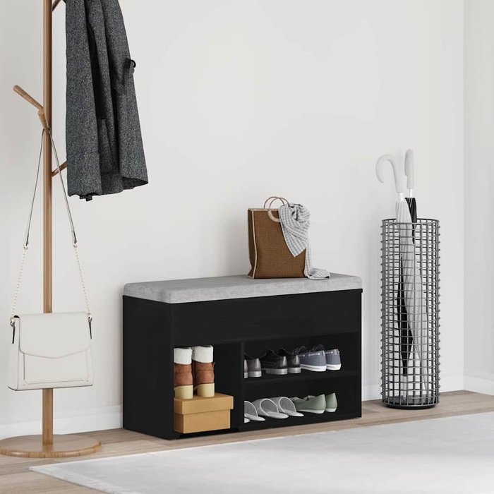 Banco zapatero, roble negro, 80 x 30 x 45 cm, madera de ingeniería.
