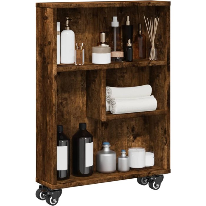 Carro de almacenamiento estrecho de madera contrachapada de roble ahumado