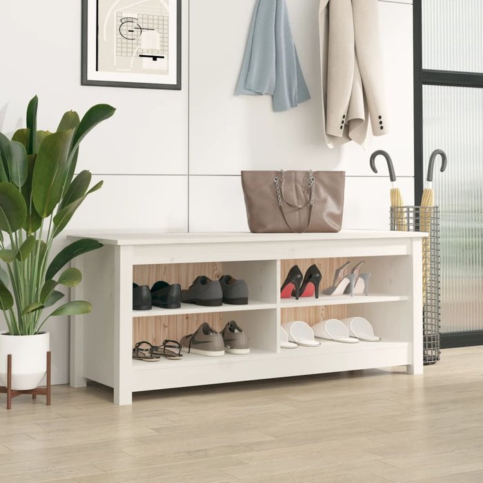 Banco zapatero blanco 110x38x45,5 cm madera maciza de pino