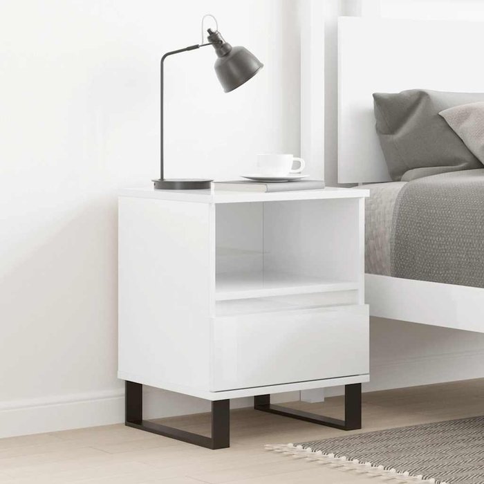 Mesita de noche madera contrachapada blanco brillo 40x35x50 cm - comfortxl