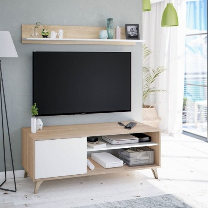 Mueble de tv con estante toronto- roble canadian y blanco artik