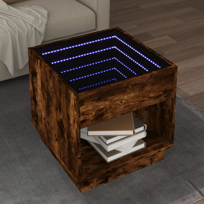 Mesa de centro con infinity led roble ahumado 50x50x50 cm