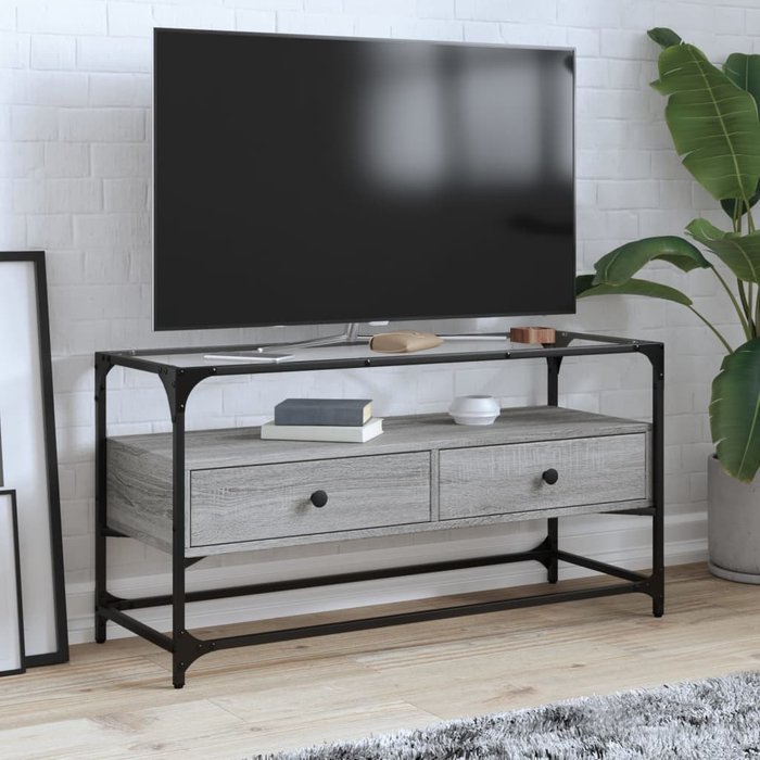 Maison exclusive - mueble tv cristal y madera ingeniería gris sonoma 98x35x51 cm