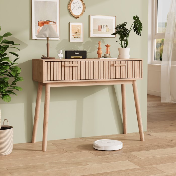 Consola de 2 cajones con efecto madera y rayas