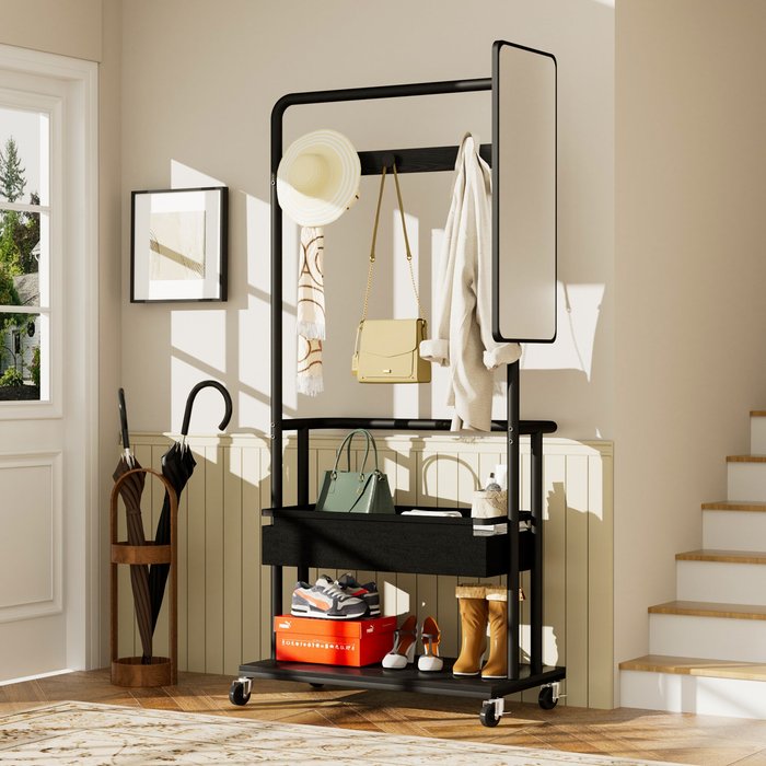 Perchero 70x40x170 cm armario móvil con ruedas, cesta y espejo, acero, negro