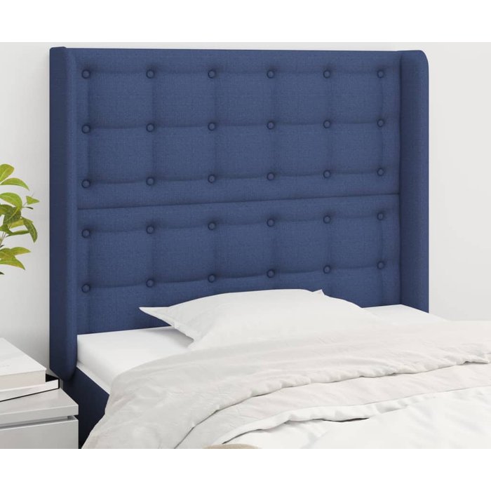 Cabecero con orejas de tela azul 93x16x118/128 cm