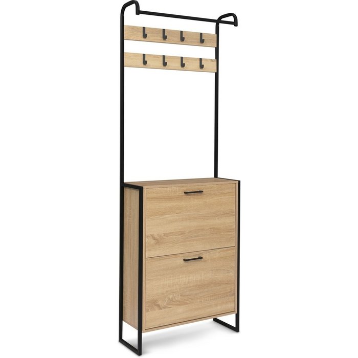 Guardarropa de entrada con perchero y zapatero de metal y efecto madera