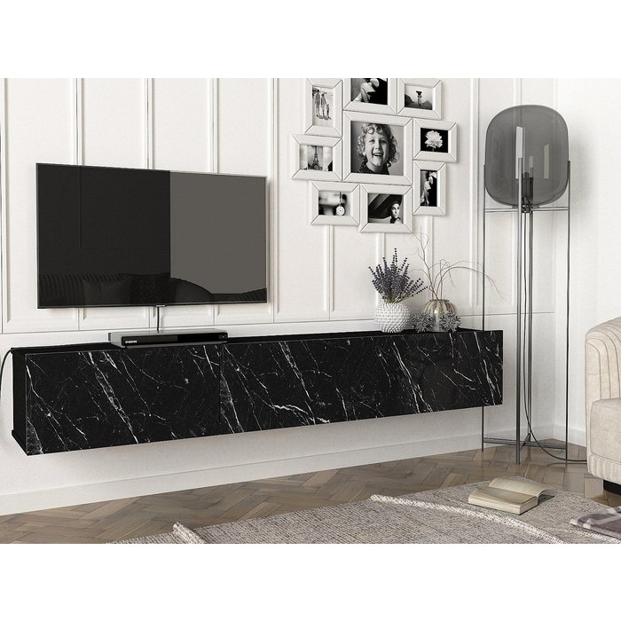 Mueble tv suspendido con 3 puertas - efecto mármol negro - vikila
