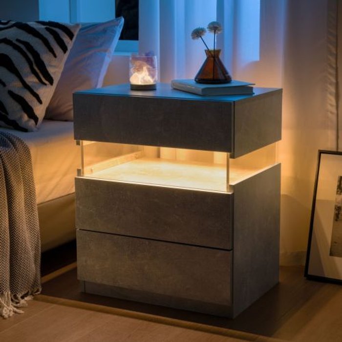 Mesita de noche led de 3 cajones con tablero acrílico, mueble gris