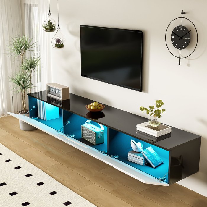Mueble tv (noir/blanco brillante) con led rgb 16 colores y montaje en pared