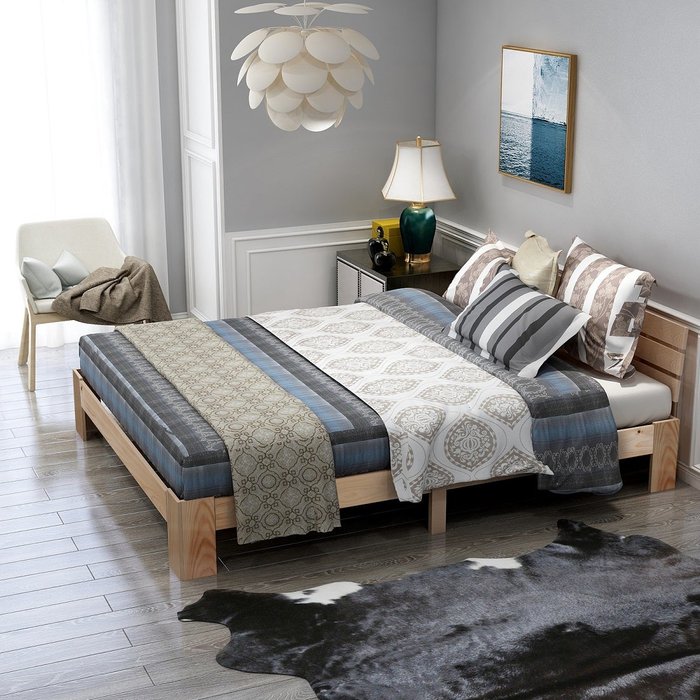 Cama doble 200x140 cm con cabecero y somier, pino (sin colchón)