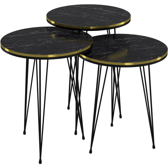 Conjunto de 3 mesas auxiliares nido redondas en mármol negro y dorado 03_0008407