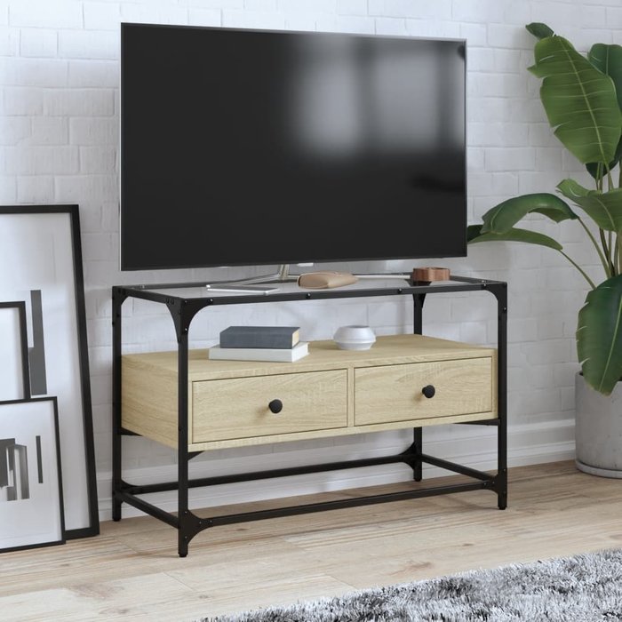 Mueble para tv con tapa de vidrio de roble sonoma, madera de ingeniería