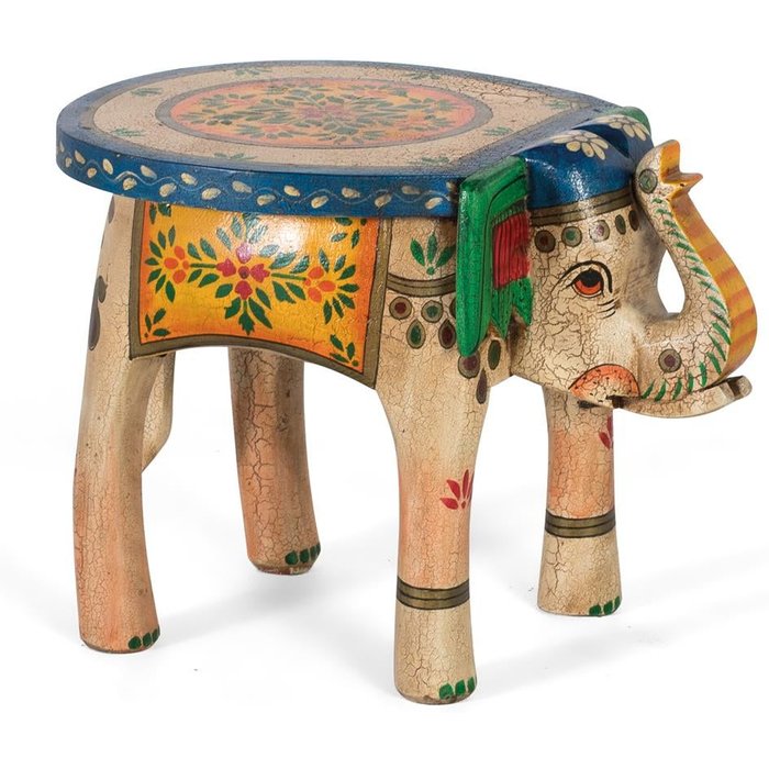 Taburete de madera de mango pintado a mano con detalles multicolor 35x48x35