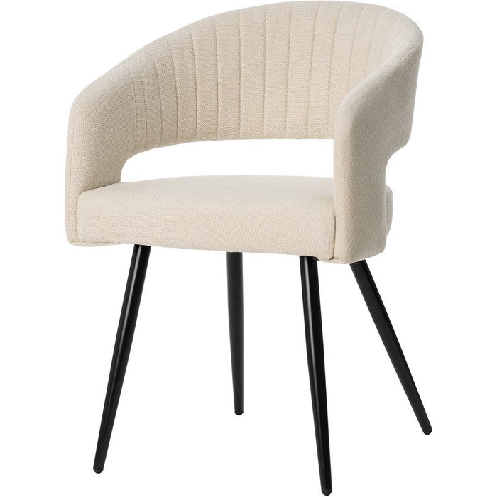 Silla de comedor waru beige con reposabrazos y patas negras.