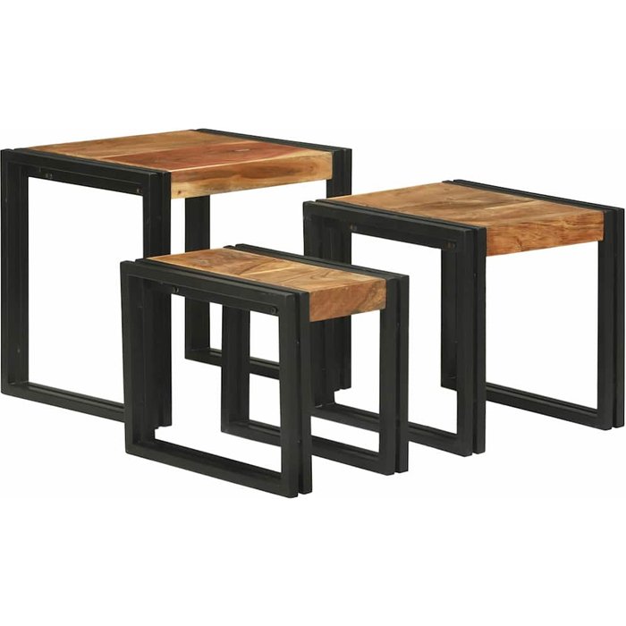 Mesa nido 3 pcs marrón y negro madera maciza de acacia y metal