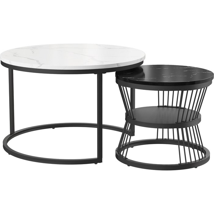Juego de 2 mesas de centro redondas apilables, color blanco y negro